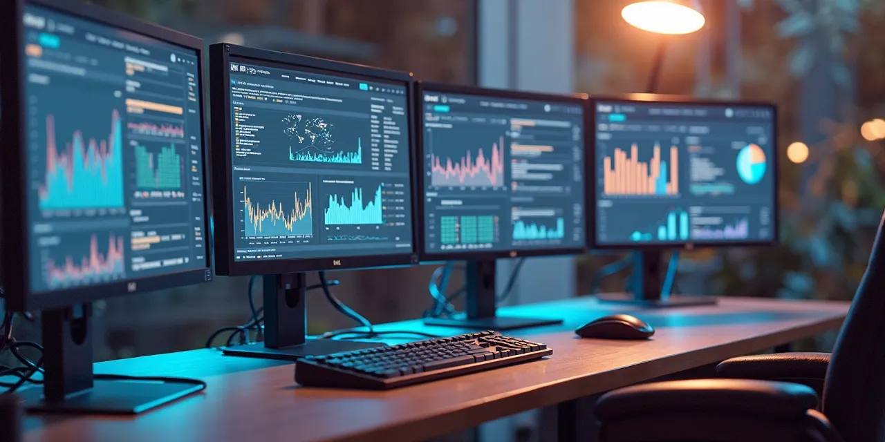 4 screens showing fictionalized analytics dashboards on an office desk.