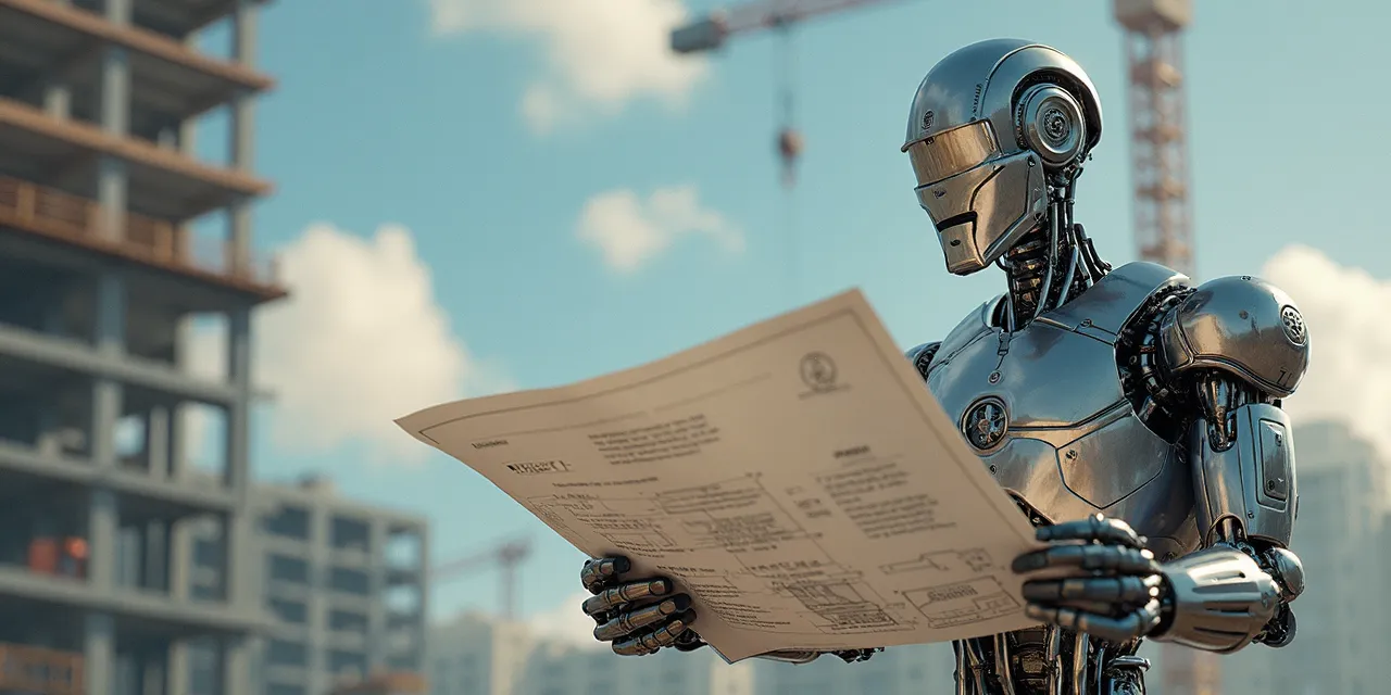 A robot reading blueprints at a construction site, symbolizing how AI agents can get to work when provided with schematics.