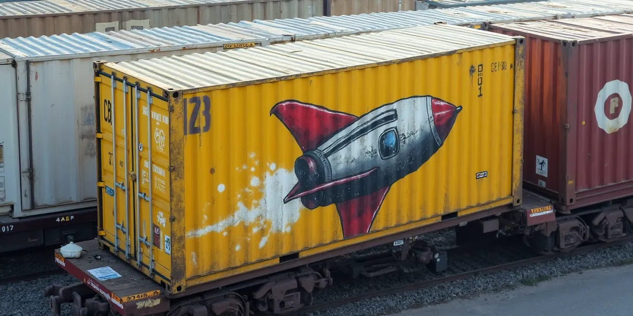 A shipping container with an astro rocket ship graffiti on the side.